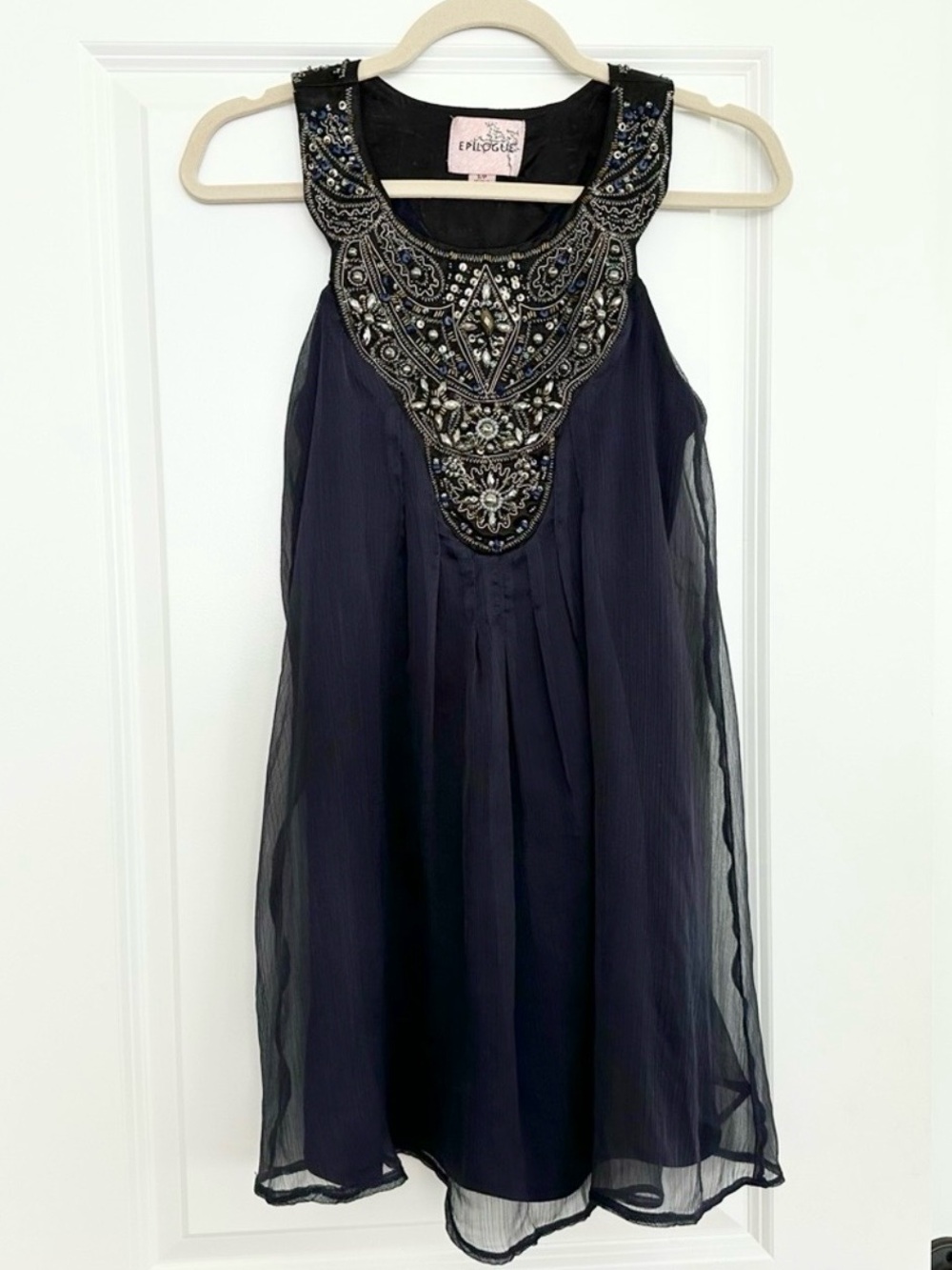 Epilogue Navy Blue Sleeveless Chiffon Beaded & Sequin Cocktail Party Dress